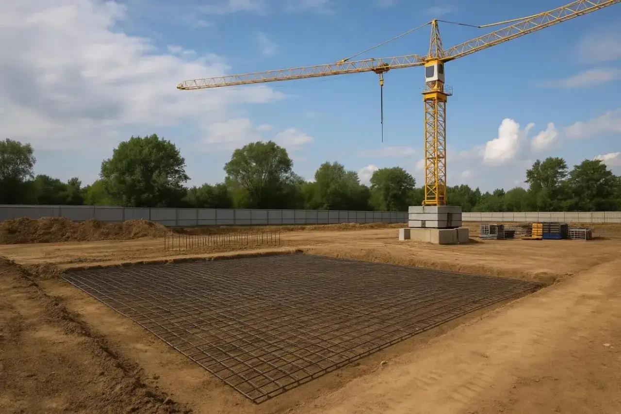 Plac budowy z fundamentami i żurawiem. Widać, jak się stawia dźwig, przygotowania do wylania betonu.