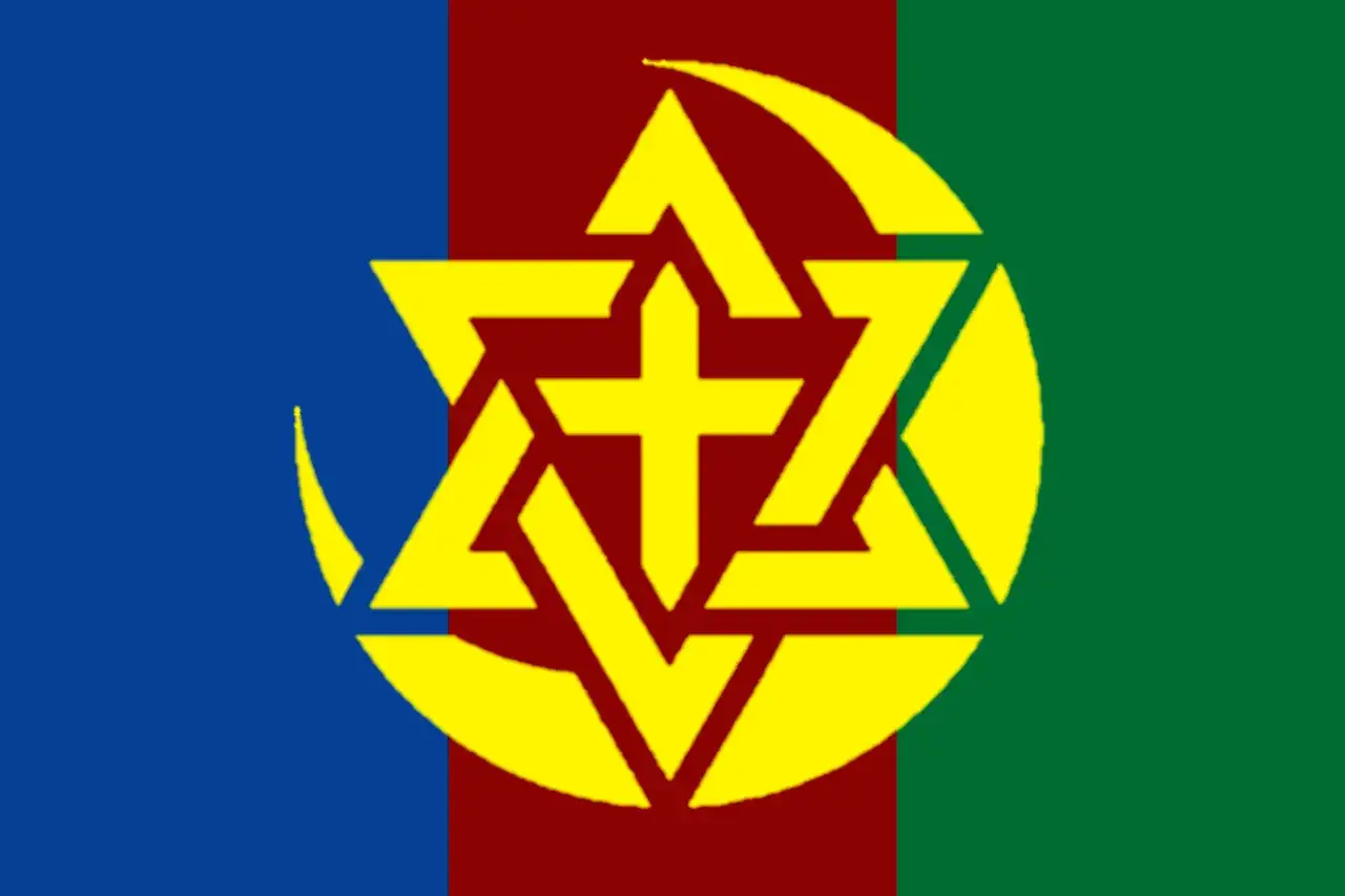 En flagga med symboler f&ouml;r judendom, kristendom och islam, som representerar de abrahamitiska religionerna.