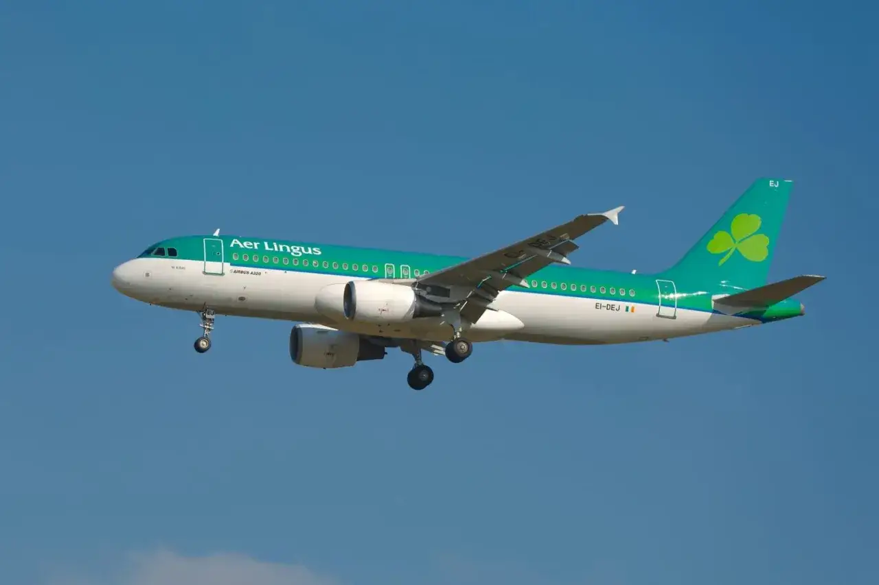 Samolot Aer Lingus z charakterną zieloną koniczynką na ogonie zbliża się do lądowania.