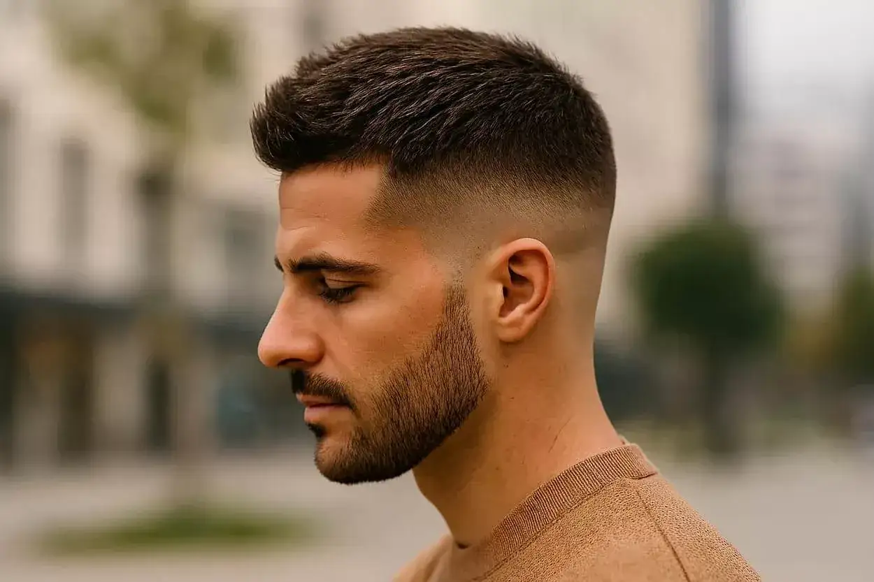 Profil d'un homme avec une coupe homme vers l'avant, dégradé sur les côtés et barbe courte.