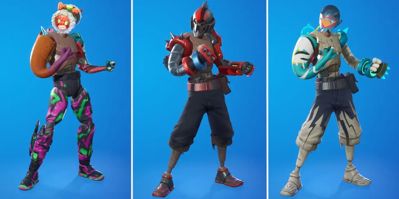 Trzy postacie z Fortnite: jedna w stroju sushi, druga w zbroi z czerwonymi elementami, trzecia w futurystycznym stroju. To jedne z najlepszych skinów w Fortnite.