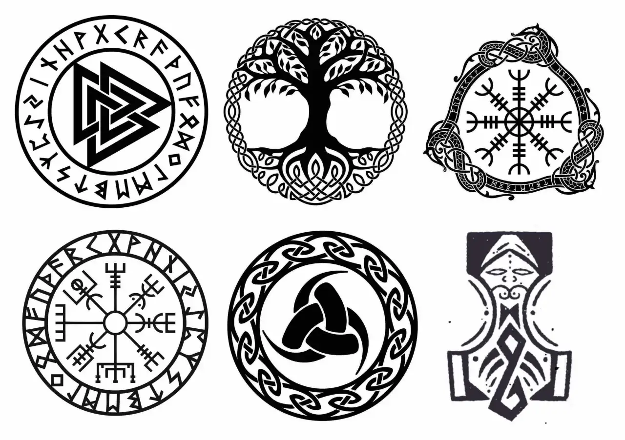 Kolekcja symboli inspirowanych kulturą wiking&oacute;w: drzewo życia, młot Thora, kompas, walhalla i inne. Idealne na tatuaż wiking&oacute;w.