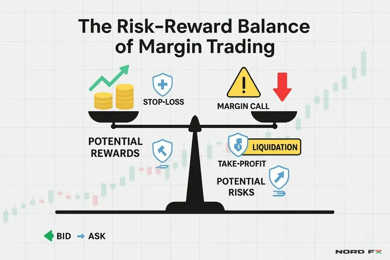 Balanza de riesgo-recompensa en trading con apalancamiento: potencial de ganancias vs. stop-loss, y riesgos de margin call y liquidación.