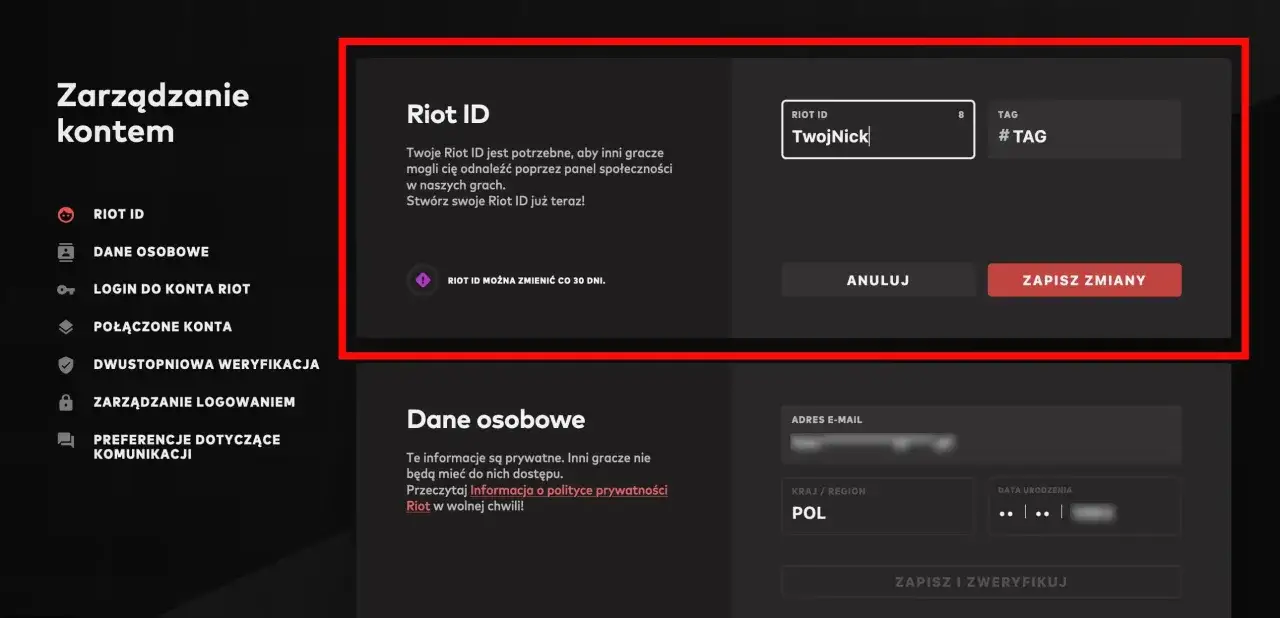 Ekran zarządzania kontem Riot, gdzie można zmienić nick w Valorant. Widoczny jest panel edycji Riot ID z polem na nick i tag.