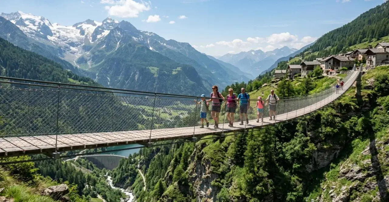 Famiglia attraversa un suggestivo ponte tibetano in Lombardia, con montagne innevate e un villaggio sullo sfondo.