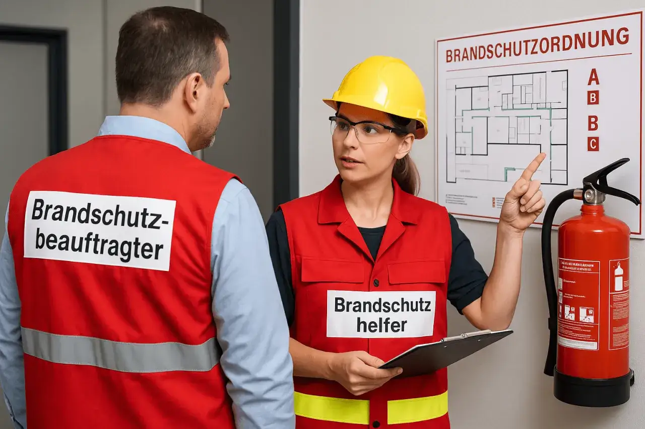 Ein Brandschutzbeauftragter und eine Brandschutzhelferin besprechen die Brandschutzordnung.