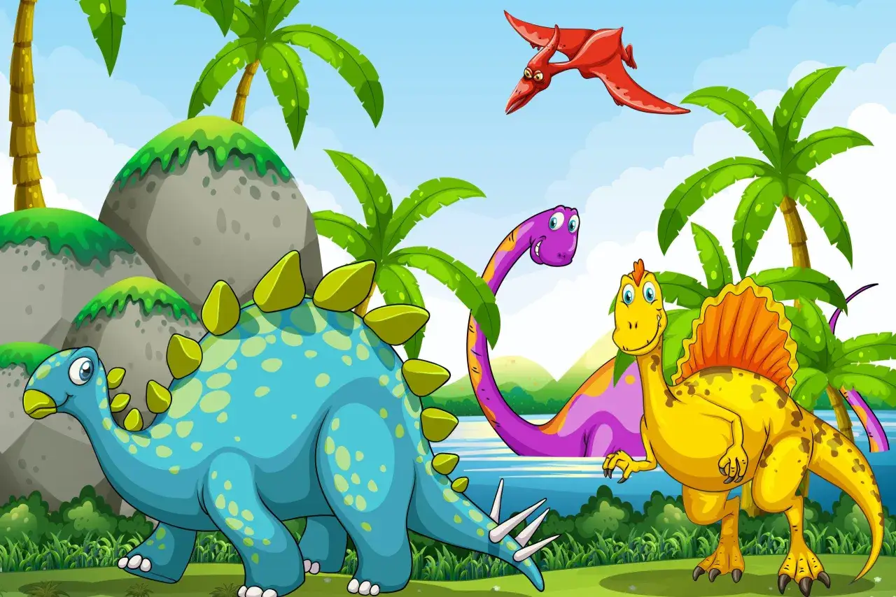 Kolorowe bajki o dinozaurach: niebieski stegozaurowaty, fioletowy brachiozaur, żółty spinozaur i czerwony pterozaur na tle palm i gór.