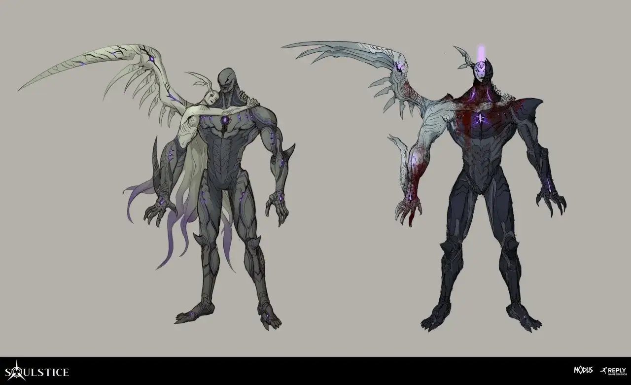 Dwa warianty postaci, jeden z anielskim towarzyszem, drugi krwawiący, wyglądają jak final boss.
