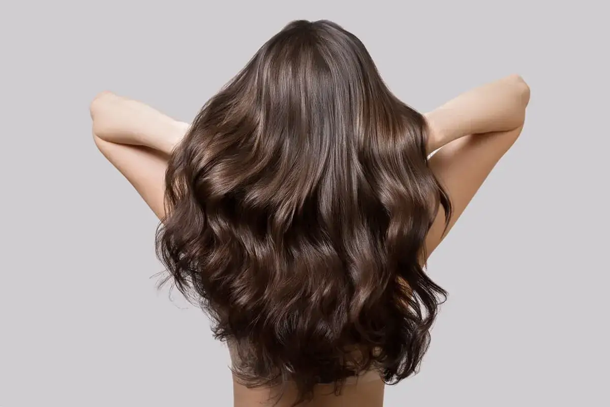 Cabello casta&ntilde;o largo y ondulado, con reflejos brillantes. Un ejemplo de c&oacute;mo cuidar el pelo para que luzca as&iacute; de saludable y sedoso.