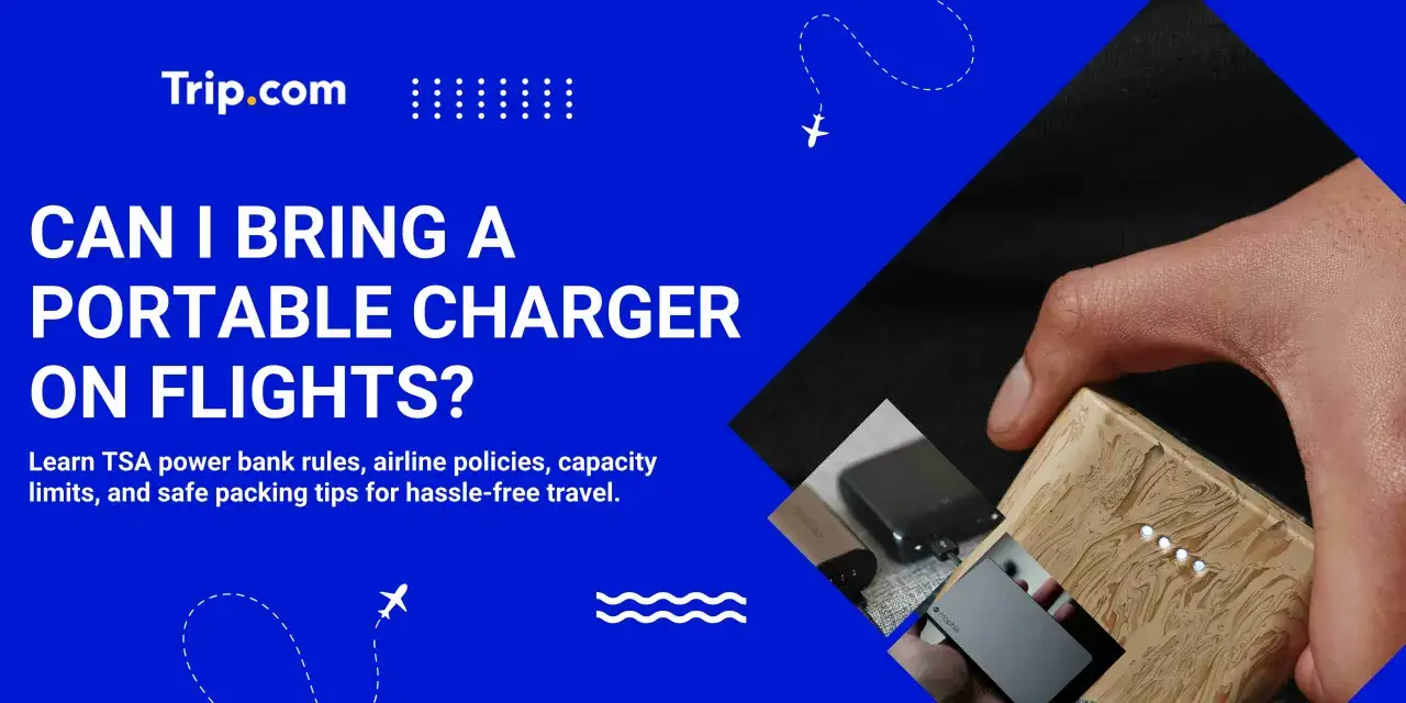 En hand h&aring;ller en powerbank, redo f&ouml;r flygplanet. L&auml;r dig reglerna f&ouml;r powerbank flygplan.