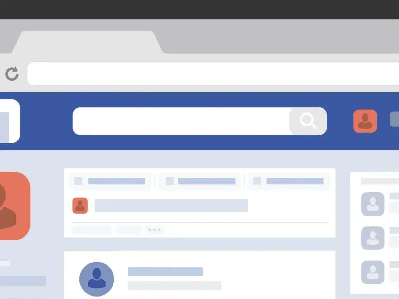 Ilustracja interfejsu Facebooka. Widoczny pasek wyszukiwania i ikona profilu. Dowiedz się, jak usunąć zdjęcie profilowe na FB.