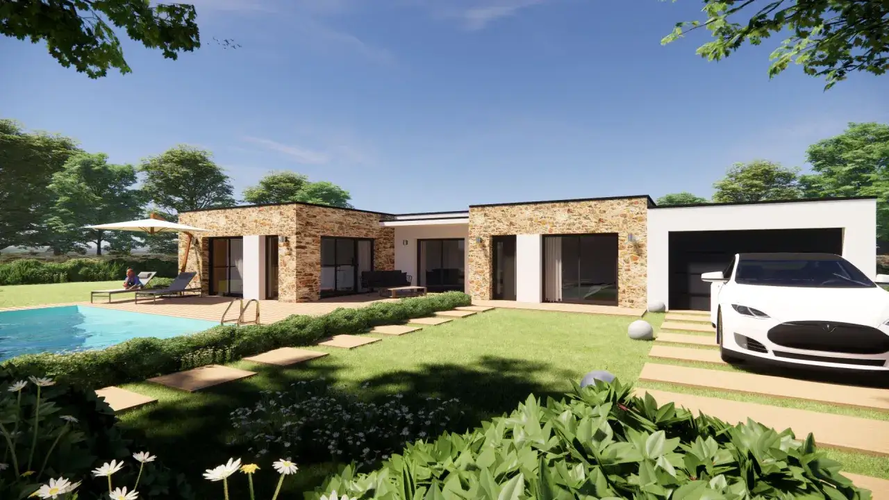 Une maison cube moderne plain-pied avec piscine, terrasse en bois, jardin verdoyant et une voiture blanche gar&eacute;e devant le garage.