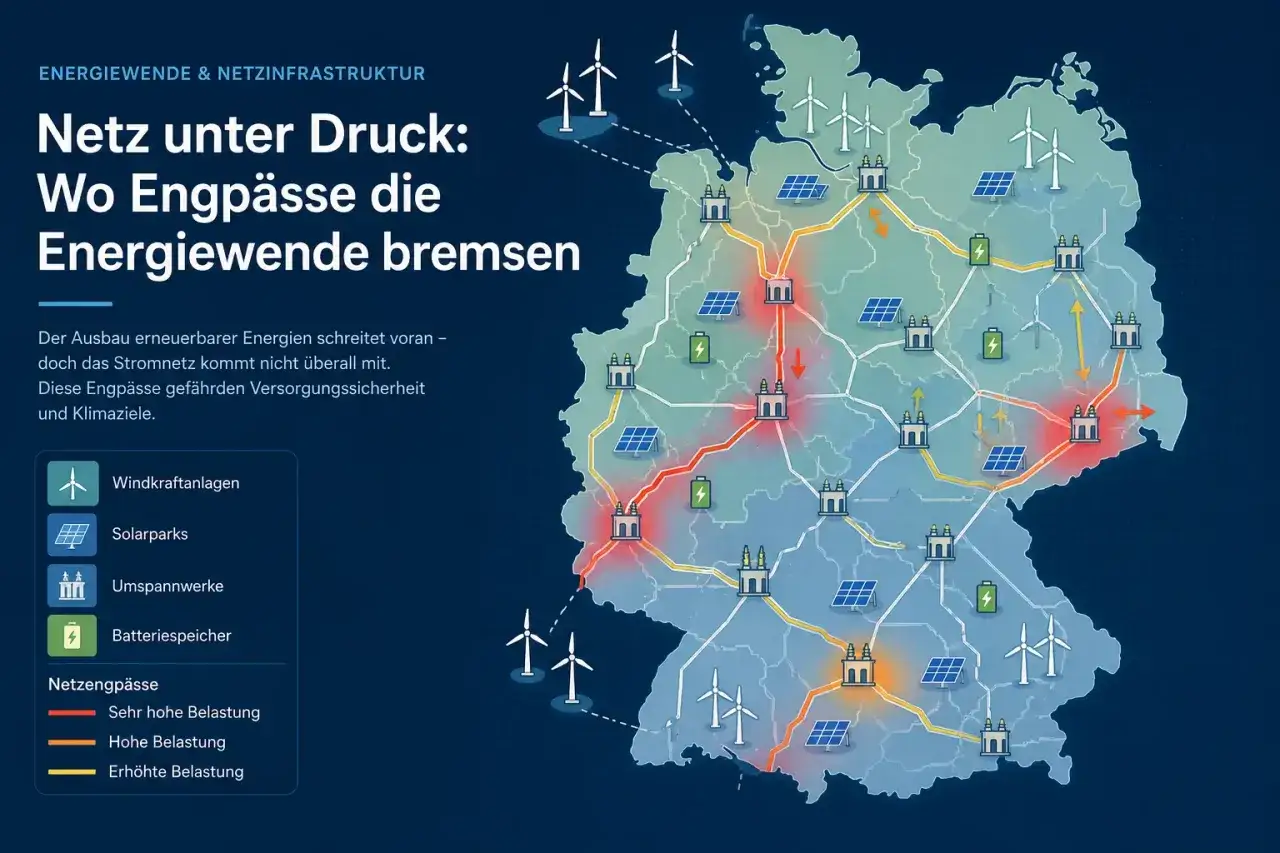 Karte Deutschlands zeigt Stromnetz mit Engp&auml;ssen, die die Energiewende bremsen. Windkraft, Solarparks, Umspannwerke und Speicher sind abgebildet.