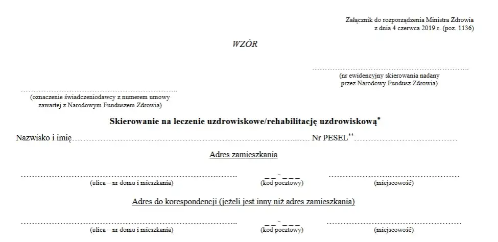 Wz&oacute;r podania o zmianę miejsca sanatorium NFZ