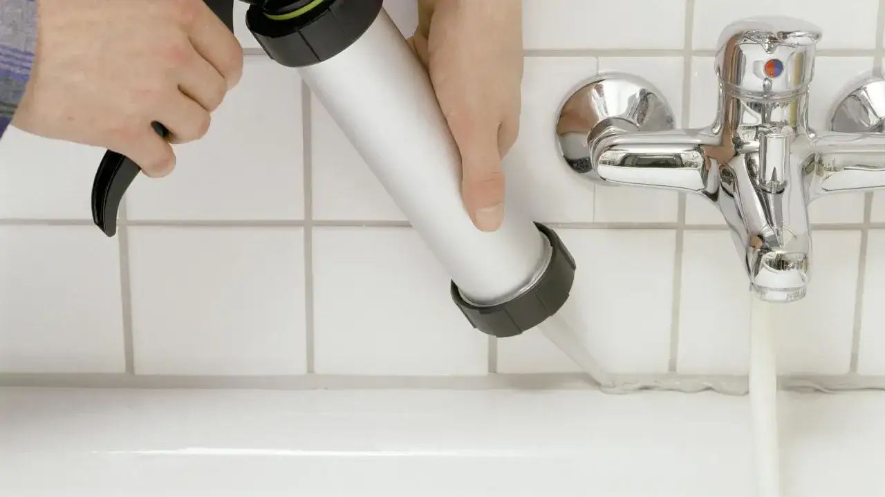 Hände dichten mit einer Kartusche die Fuge am Waschbecken ab. Silikon abdichten schützt vor Wasser.