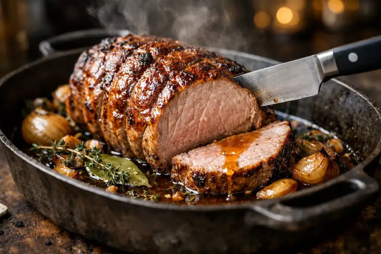 Un d&eacute;licieux roti de veau, dor&eacute; et juteux, est tranch&eacute; dans une po&ecirc;le en fonte avec des oignons et des herbes.