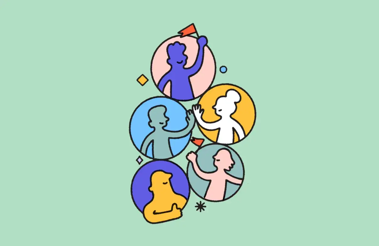 Cerchi frasi di presentazione personale? Un gruppo di persone stilizzate in cerchi colorati si salutano, pronte a connettersi.