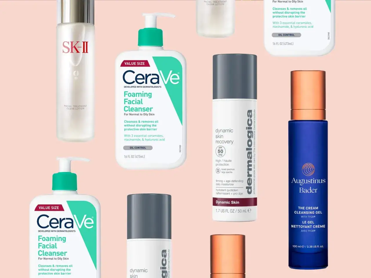 Kolekcja kosmetyk&oacute;w do pielęgnacji twarzy 35 latki: SK-II, CeraVe, Dermalogica, Augustinus Bader.