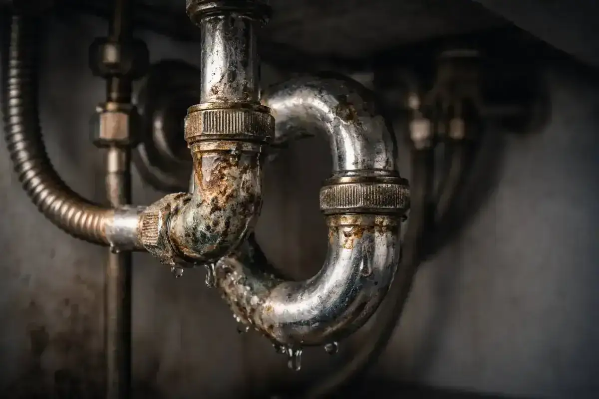 Gouttes d'eau tombant d'un siphon en cuivre rouillé, témoignant d'une fuite sous un évier.