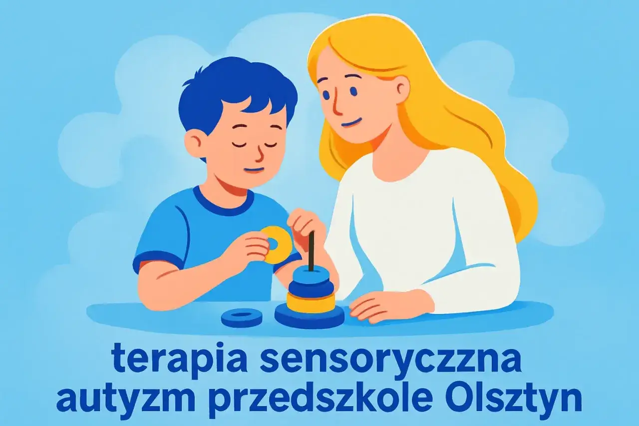 Chłopiec z zaburzeniami integracji sensorycznej bawi się z terapeutką. Czy zaburzenia integracji sensorycznej to autyzm? Terapia sensoryczna w przedszkolu w Olsztynie.