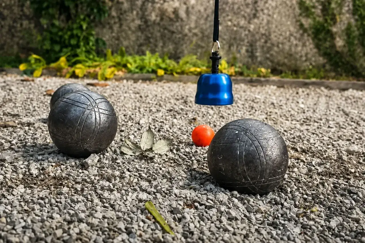 Boules de p&eacute;tanque sur gravier, avec un cochonnet orange et un but bleu suspendu. Id&eacute;al pour la p&eacute;tanque pour les nuls !