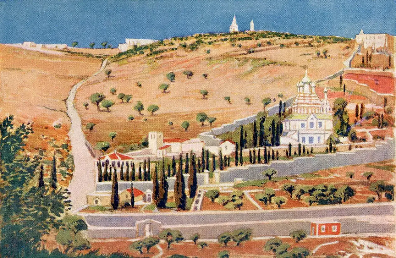 Blick auf Jerusalem mit orthodoxer Kirche und Zypressen. Ein Weg schlängelt sich durch die Hügel, wie in Markus 13, Vers 32 beschrieben.