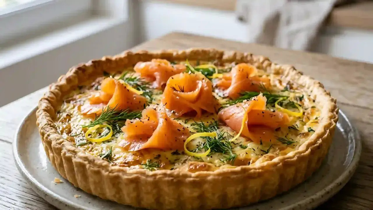Une délicieuse quiche au saumon, garnie de fines lamelles de saumon fumé, d'aneth frais et de zestes de citron. Parfait pour un brunch.