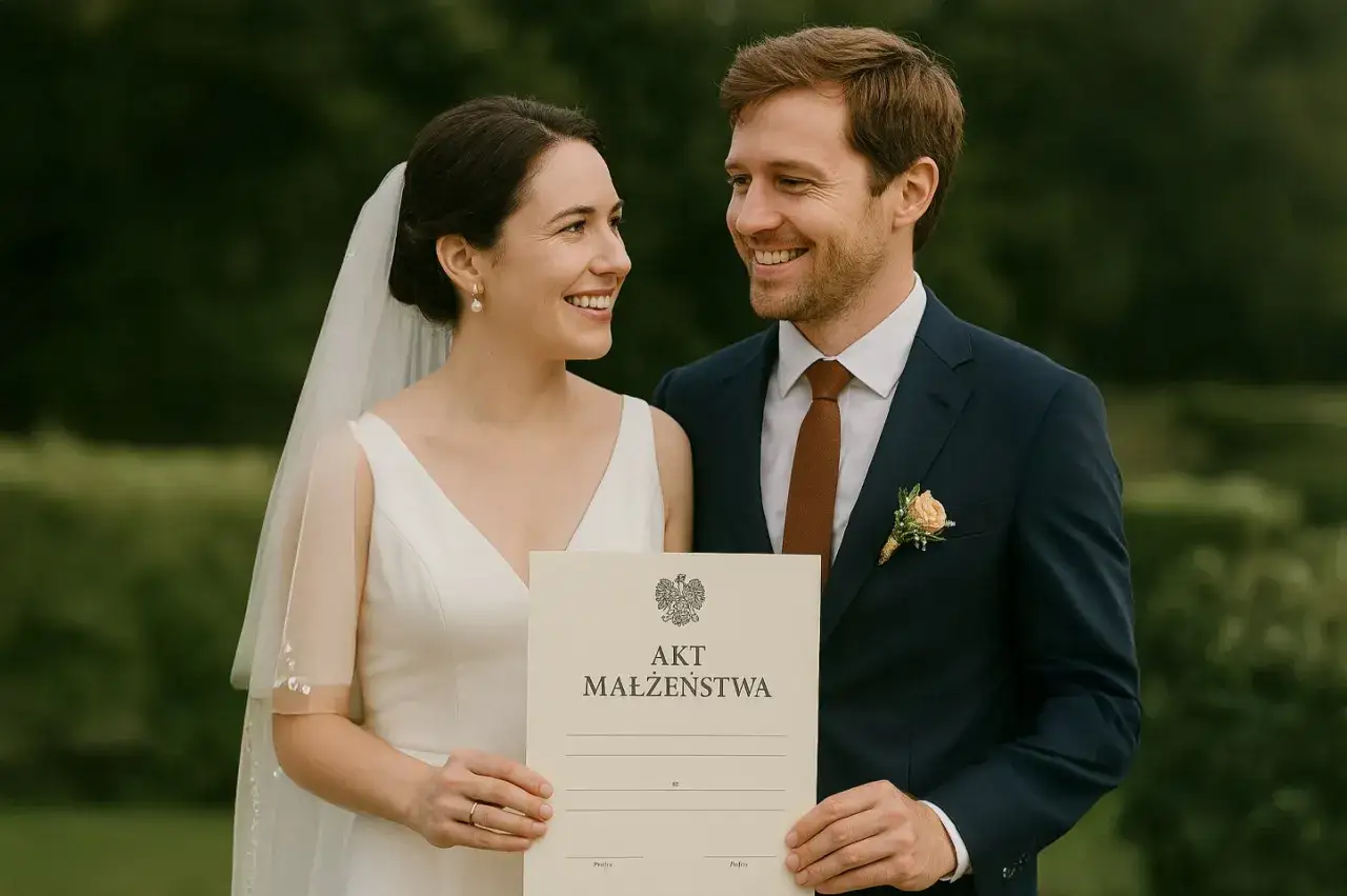 Szczęśliwa para młoda trzyma akt małżeństwa. To ślub z obcokrajowcem w Polsce, symbol miłości przekraczającej granice.