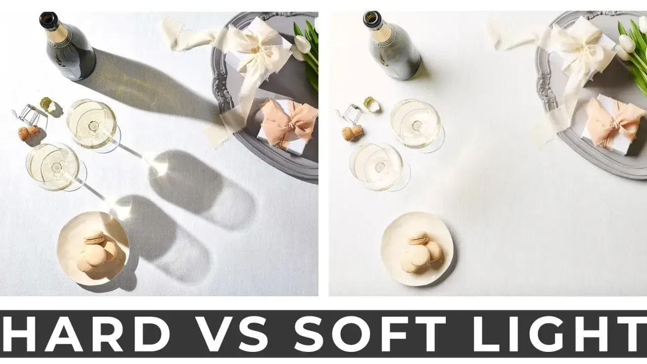 Side-by-side comparison of soft lighting vs hard lighting on a celebratory scene with champagne, macarons, and gifts.