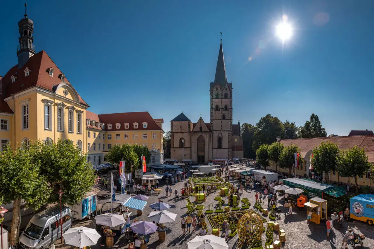 Bunte Marktstände beleben die Herford Innenstadt. Menschen schlendern vorbei an der Kirche und dem gelben Rathaus unter strahlend blauem Himmel.