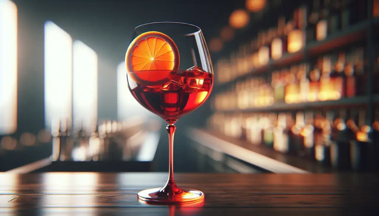 Orzeźwiający Campari Spritz przepis: czerwony drink z plasterkiem pomarańczy i lodem, w tle bar.