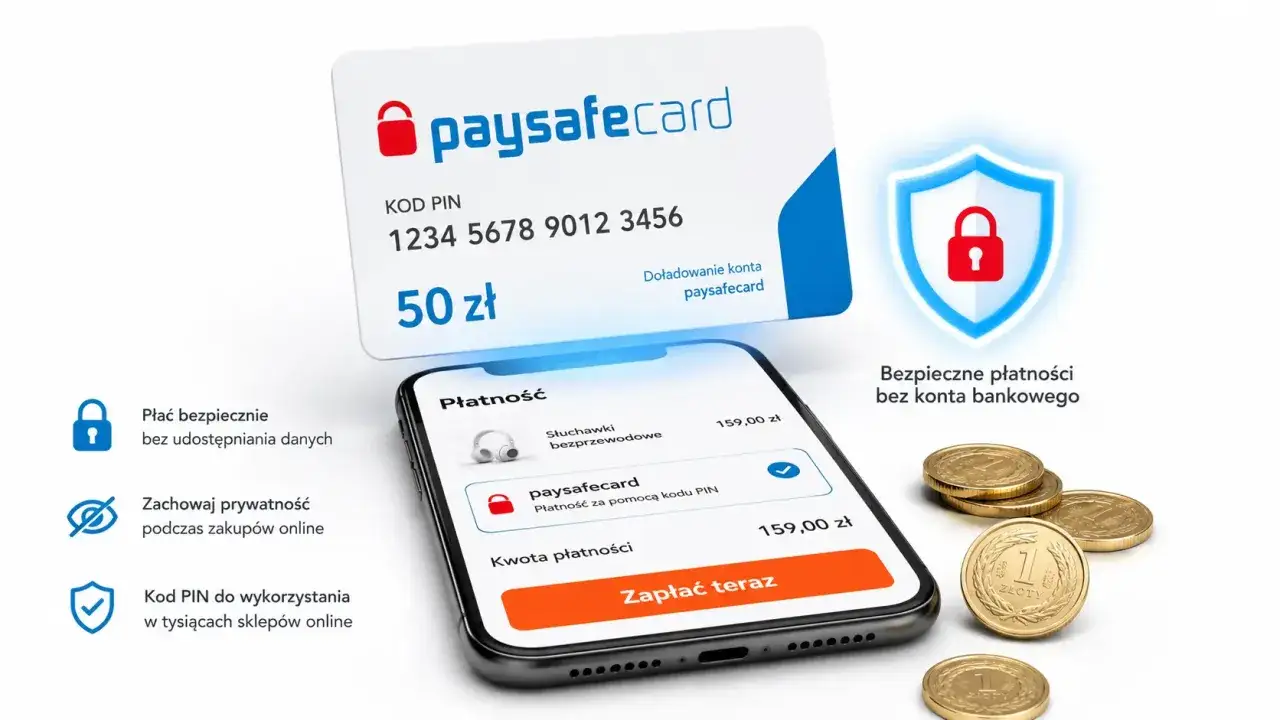 Jak doładować paysafecard? Karta paysafecard z kodem PIN i telefonem pokazującym płatność. Bezpieczne zakupy online.