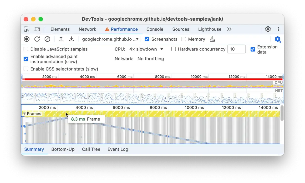 Wykres wydajności przeglądarki Chrome pokazuje 8.3 ms opóźnienia w klatce, co może wpływać na płynność animacji.