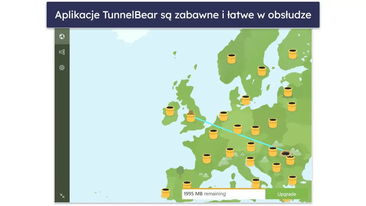Aplikacja TunnelBear pokazuje mapę Europy z serwerami. Zastanawiasz się, czy cda można oglądać za granicą? Ta aplikacja może pomóc.