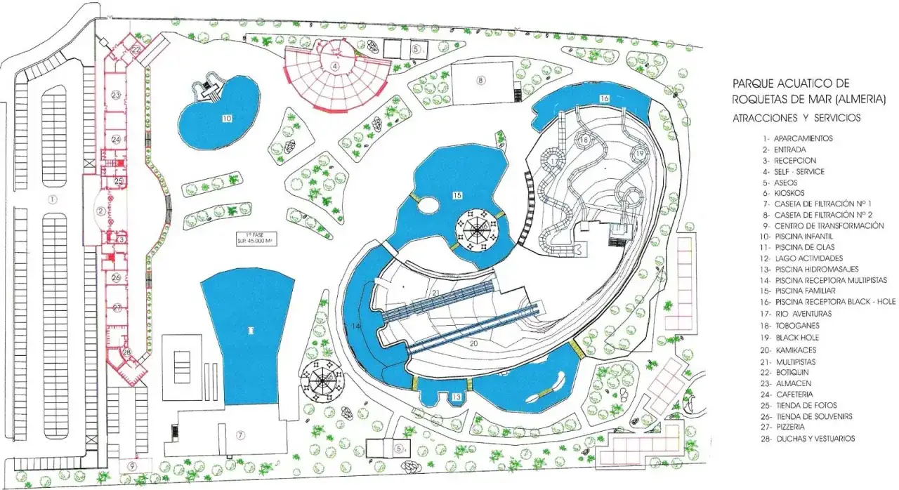 Plano del parque acuático de Roquetas de Mar, con piscinas, toboganes y servicios. ¡Un día genial en el parque Mario Park!