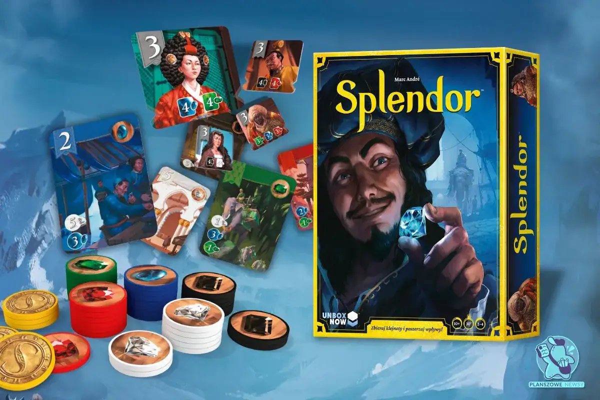 Gra Splendor: zbieraj klejnoty, rozwijaj swoje imperium i poczuj splendor zasad. Karty, żetony i pudełko gry.