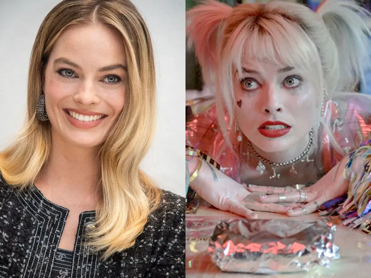 Margot Robbie, l'actrice de Harley Quinn, souriante à gauche, et en costume à droite, prête pour l'action.
