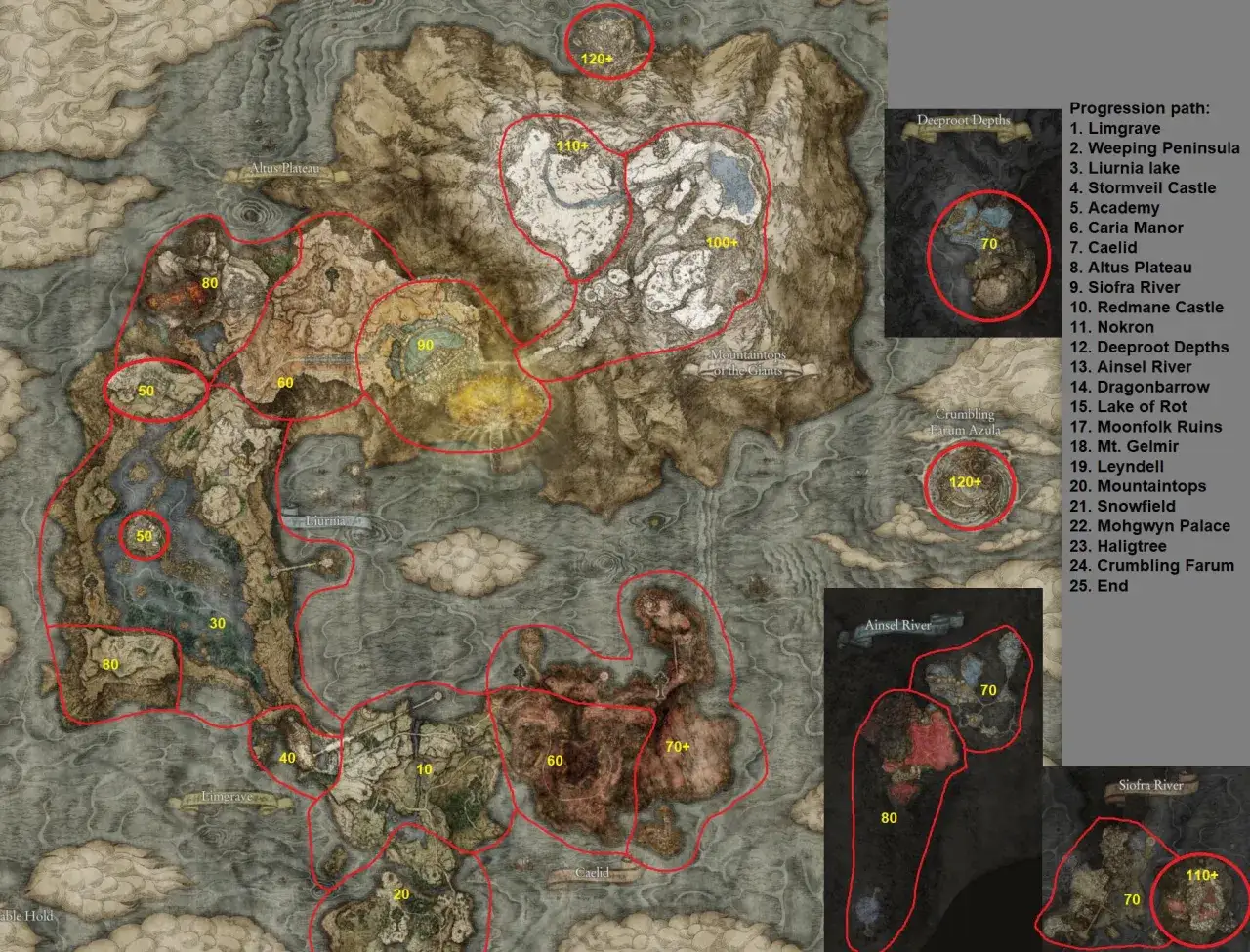 Mapa de Elden Ring con el orden de zonas sugerido, mostrando Limgrave, Liurnia, Caelid y Altus Plateau, con niveles recomendados.