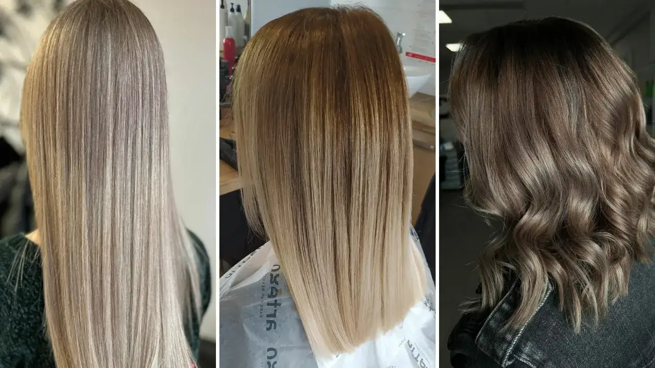 Trzy fryzury z subtelnymi refleksami blond. Od jasnego popielu, przez karmelowy ombre, po chłodny brąz z refleksami.