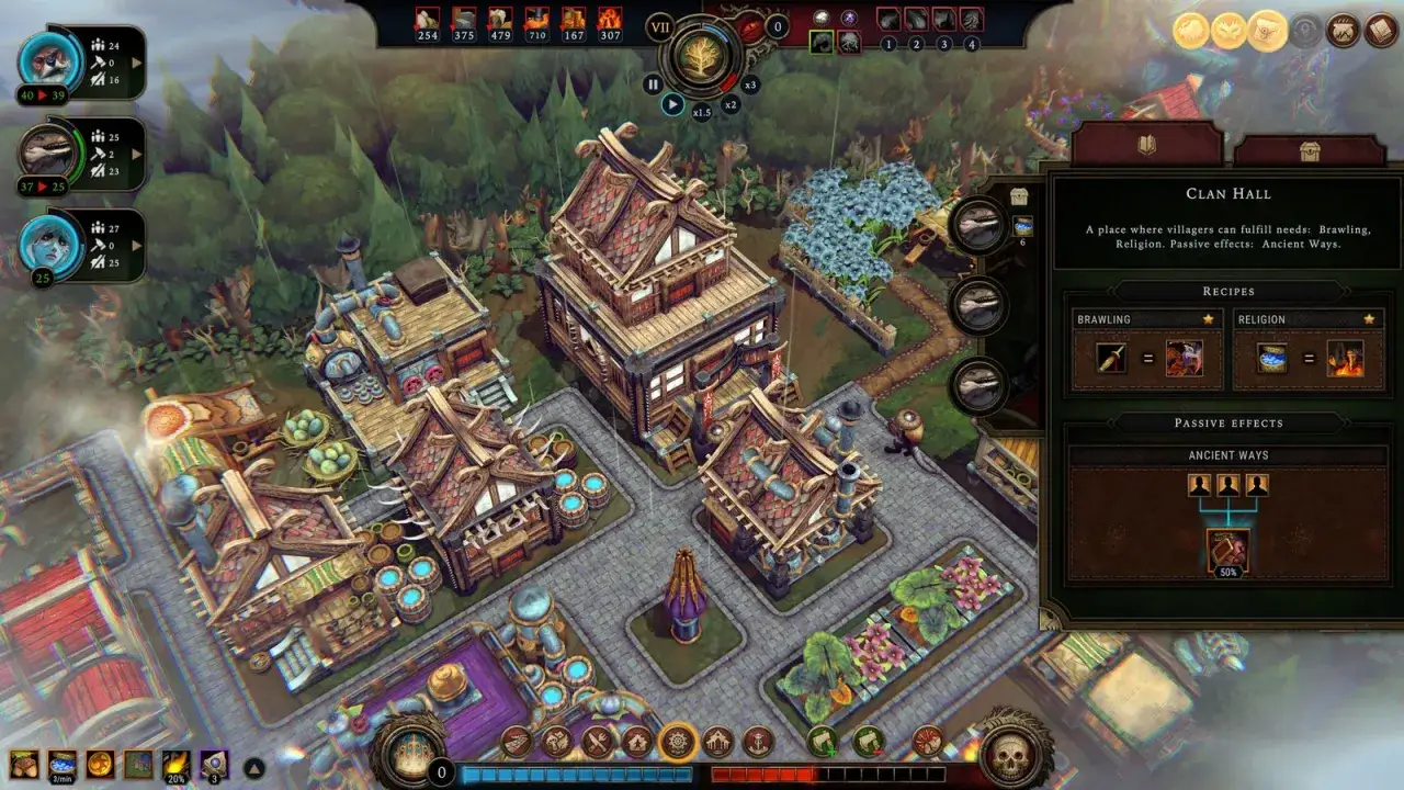 Un asentamiento en un juego de estrategia, con edificios de madera y tejados rojos. El panel muestra