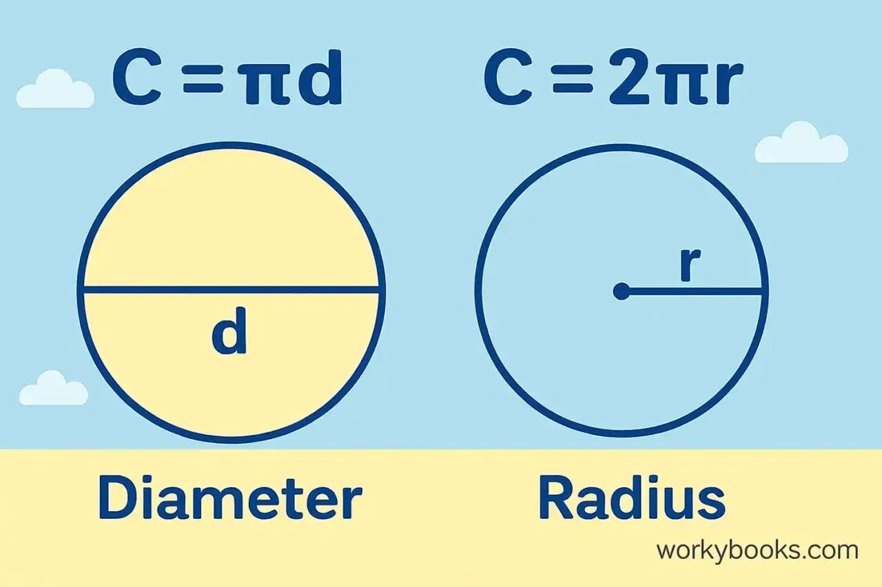Obliczanie obwodu koła: C=πd dla średnicy i C=2πr dla promienia.