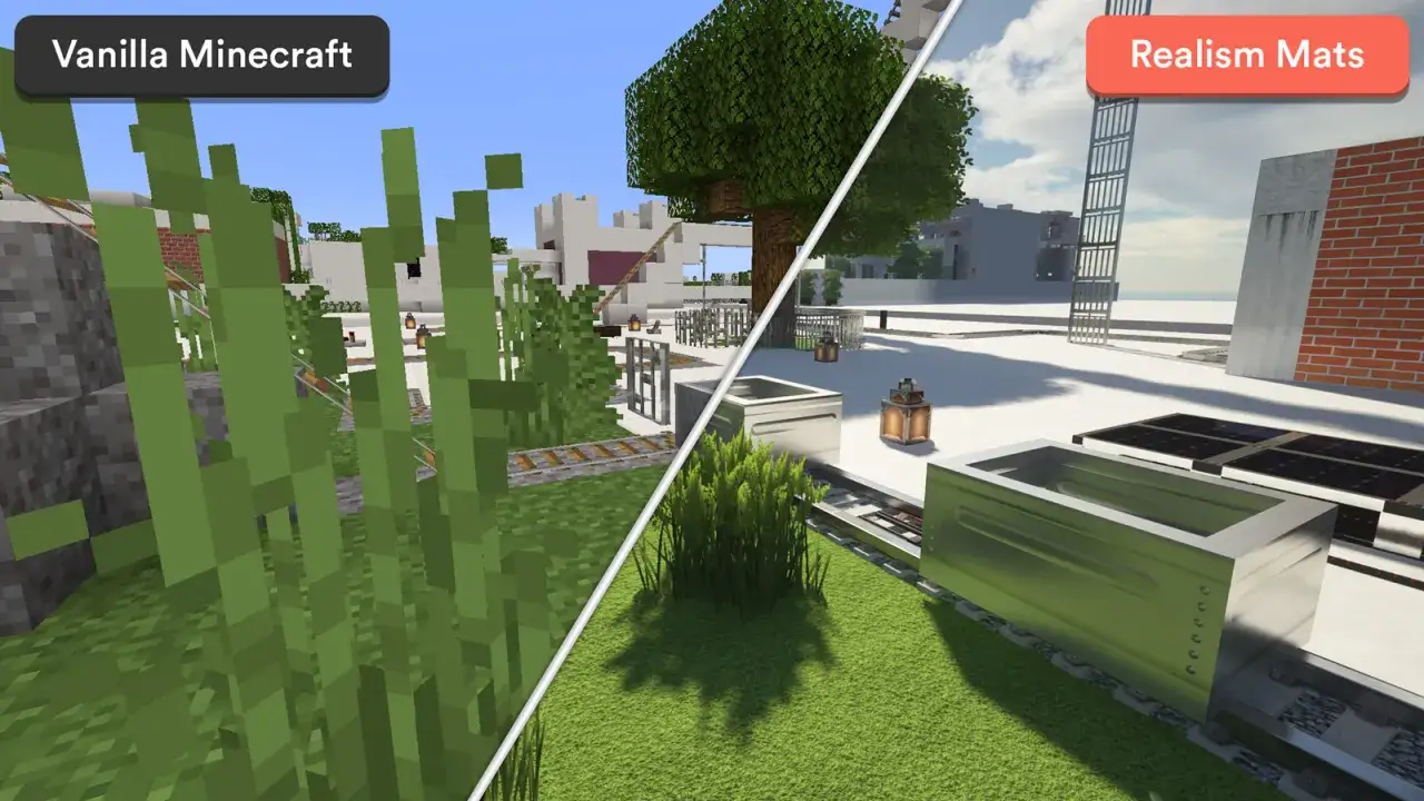 Porównanie Minecrafta: po lewej standardowa wersja, po prawej z realistyczne mody do Minecraft, ukazujące znacznie ulepszoną grafikę i detale.