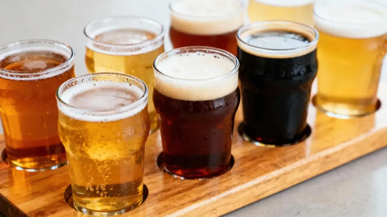Assaggio di birre scure famose e chiare, servite su un vassoio di legno.