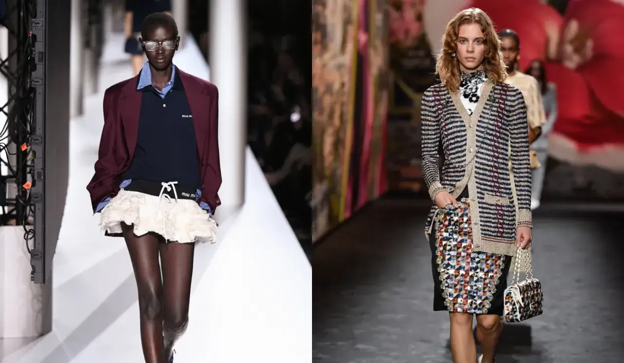 Modelka w stylu dark academia prezentuje stylizację z bordowym blazerem i koronkową spódniczką. Obok modelka w kardiganie i wzorzystej spódnicy.