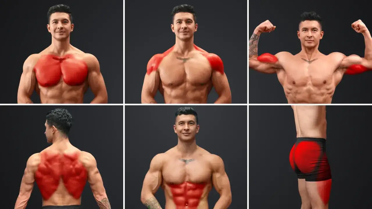 Mann mit roten Markierungen auf Brust, Schultern, Bizeps, Rücken, Bauch und Oberschenkeln. Kein skinny fett hier, nur Muskeln!