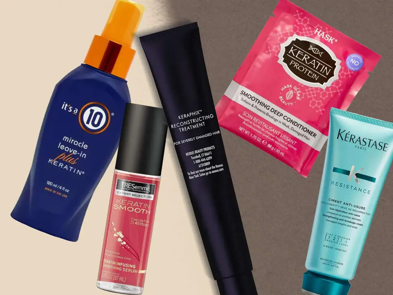 Produkty z keratyną na co dzień: odżywka, serum, spray i krem do włos&oacute;w.