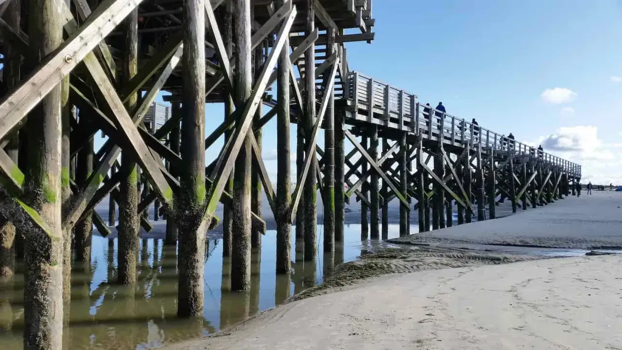 Una pasarela de madera se alza sobre el agua, sostenida por robustos **puentes de palos** cubiertos de algas. Personas pasean por la estructura, disfrutando de la vista.
