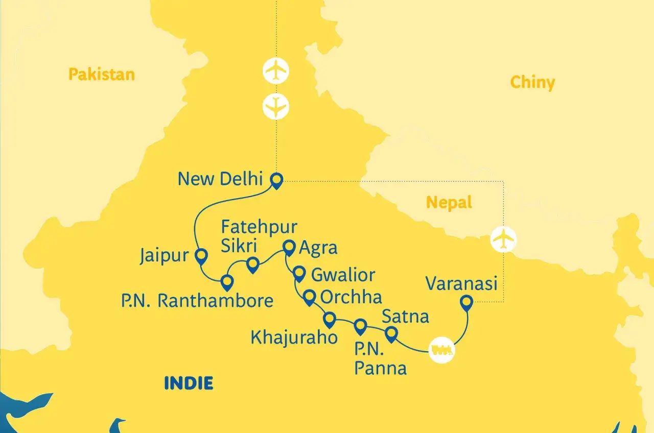 Mapa trasy podr&oacute;ży po Indiach: od New Delhi przez Jaipur, Agrę, Khajuraho po Varanasi. Idealna dla podr&oacute;żujących indie na własną rękę.