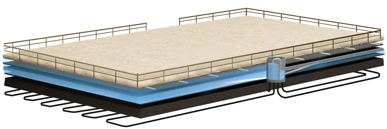Sch&eacute;ma d'un syst&egrave;me d'arrosage pour carri&egrave;re &eacute;questre, montrant les diff&eacute;rentes couches et le r&eacute;servoir d'eau.