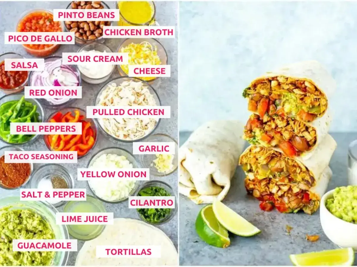 Ingredienser f&ouml;r c&oacute;mo hacer burritos de pollo: pulled chicken, b&ouml;nor, salsa, ost, gr&auml;ddfil, l&ouml;k, paprika, guacamole, tortillabr&ouml;d m.m.